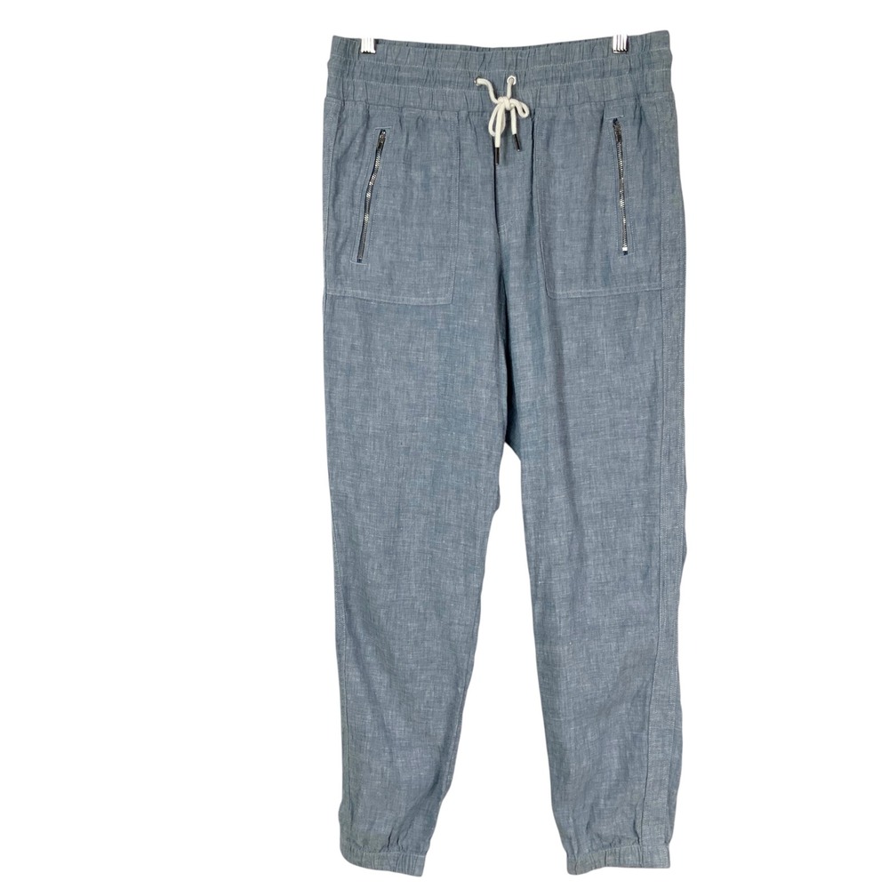 Athleta Cabo Blue Linen Joggers 6 Pull-on Drawstring Elastic Waist Zip Pockets